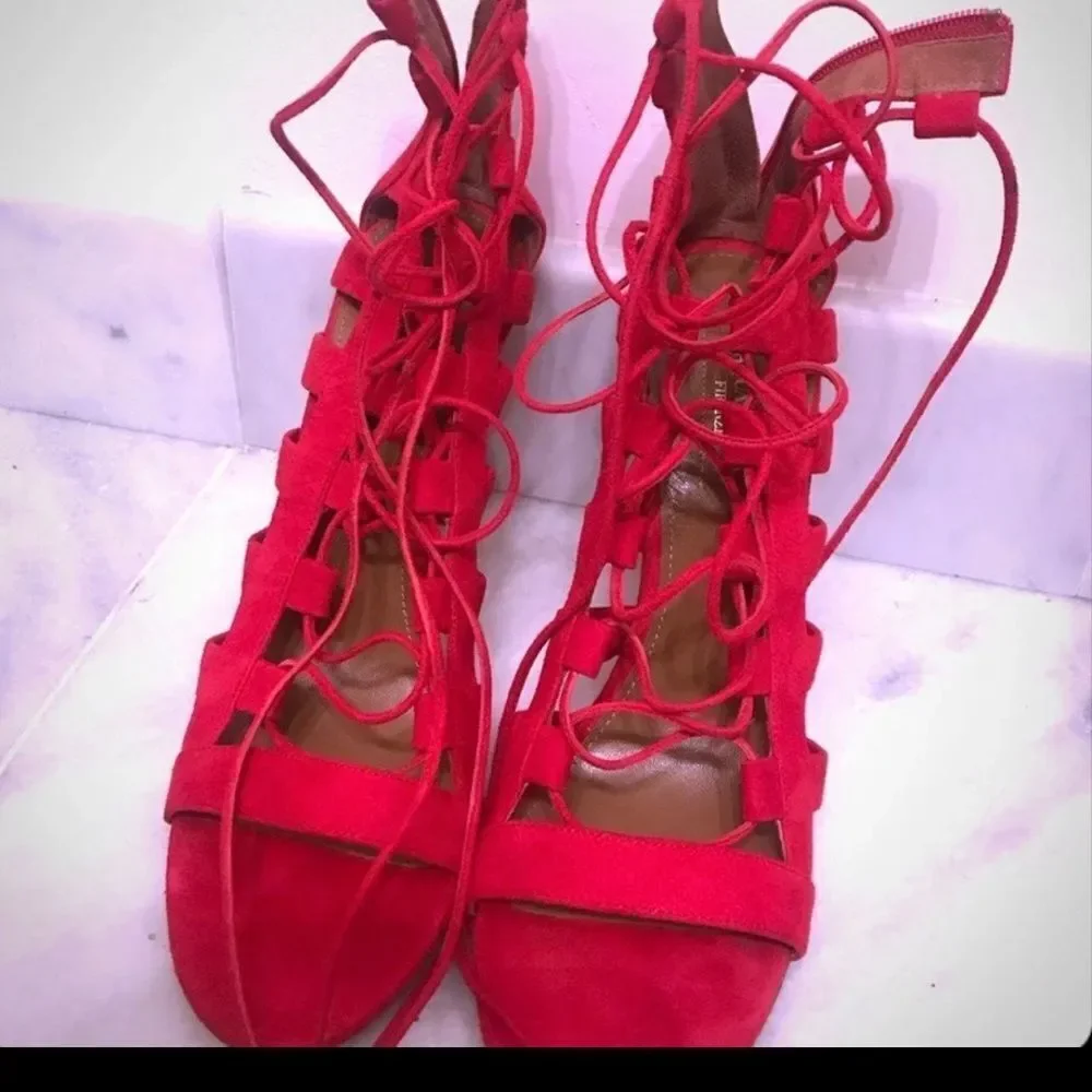 AQUAZZURA SANDALS AMAZON 105 Red SUEDE LACE-UP BOOTIES 40.5 US 10